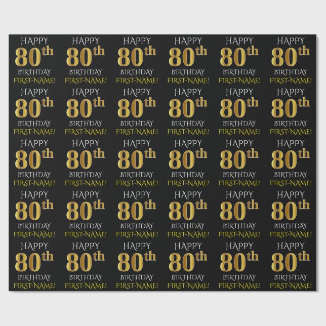 Black, Faux Guld "LYCKLIG 80 BIRTHDAY" Presentpapper (Platt)