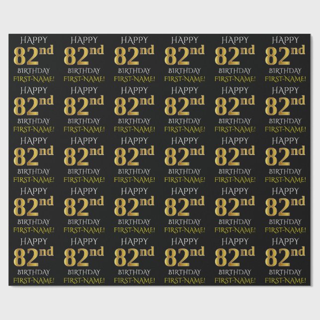 Black, Faux Guld "LYCKLIG 82:a BIRTHDAY" Presentpapper (Platt)