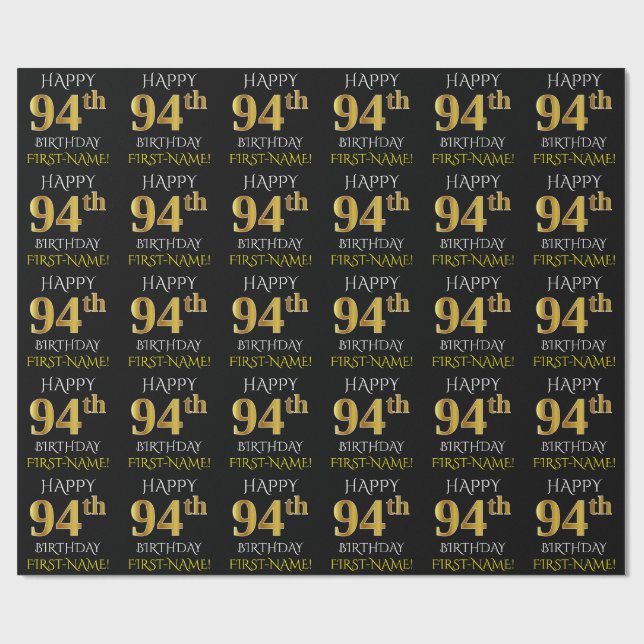 Black, Faux Guld "LYCKLIG 94:e BIRTHDAY" Presentpapper (Platt)