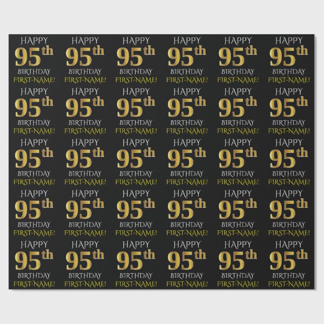 Black, Faux Guld "LYCKLIG 95 BIRTHDAY" Presentpapper (Platt)