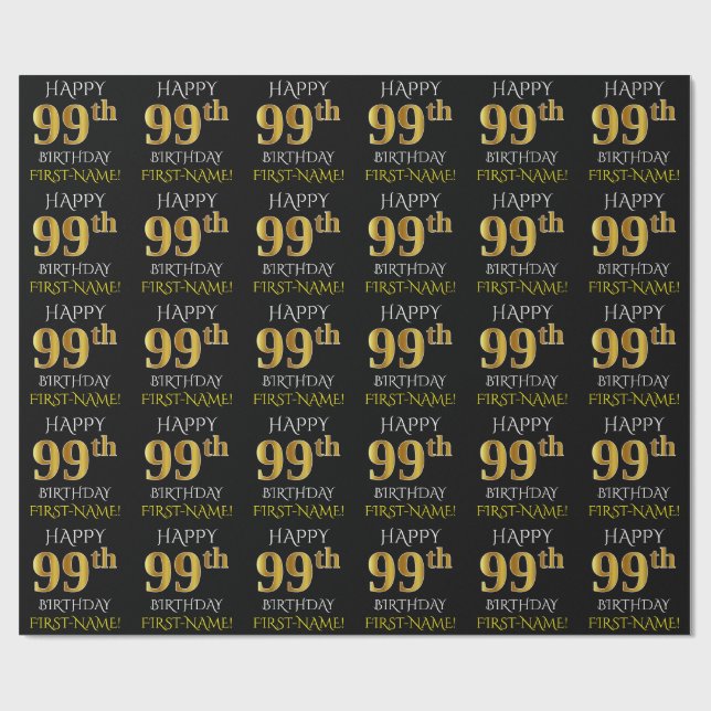 Black, Faux Guld "LYCKLIG 99 BIRTHDAY" Presentpapper (Platt)