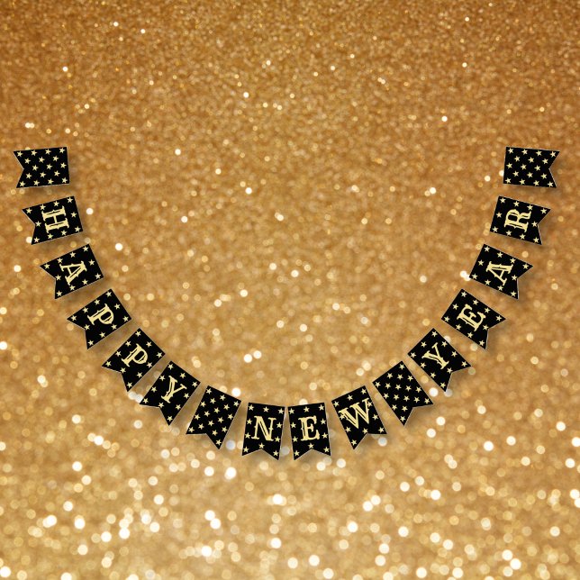 Black Faux Guld Stars Gott nytt år Kväll Party Vimplar (Black Faux Gold Stars Happy New Years Eve Party Bunting Flags)