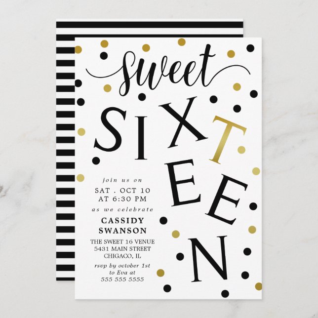 Black & Faux Guld Typography Sweet sixteen Inbjudningar (Fram/baksida)
