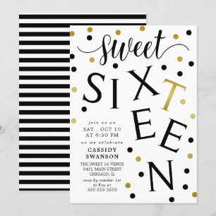 Black & Faux Guld Typography Sweet sixteen Inbjudningar