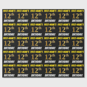 Black, Faux/Imitation Guld, "12:e BIRTHDAY" Presentpapper