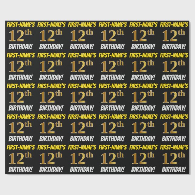 Black, Faux/Imitation Guld, "12:e BIRTHDAY" Presentpapper (Platt)