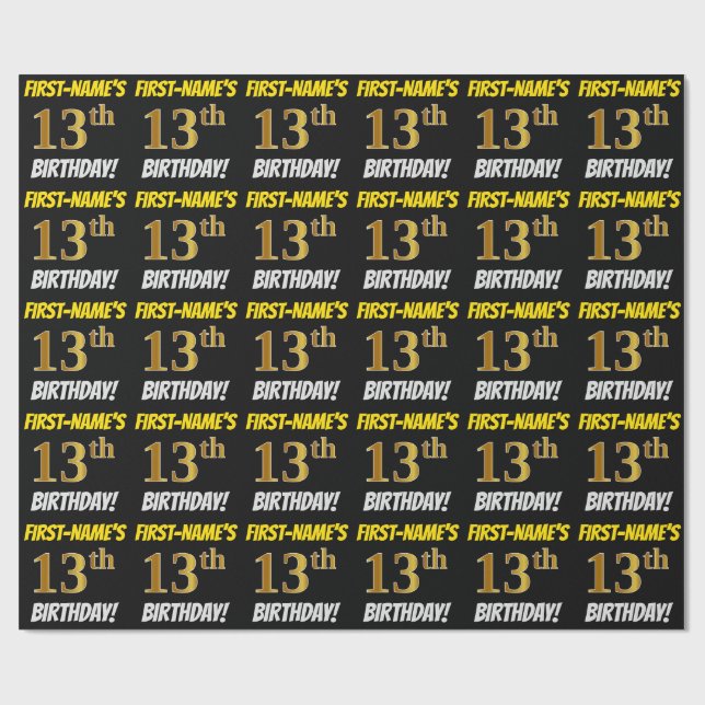 Black, Faux/Imitation Guld, "13:e BIRTHDAY" Presentpapper (Platt)