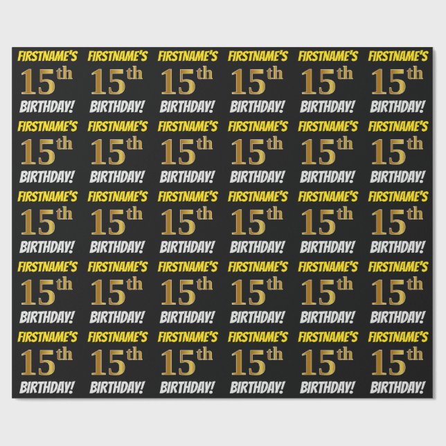 Black, Faux/Imitation Guld, "15:e BIRTHDAY" Presentpapper (Platt)