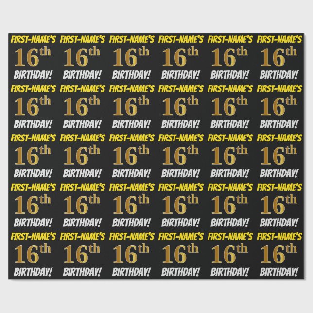 Black, Faux/Imitation Guld, "16:e BIRTHDAY" Presentpapper (Platt)