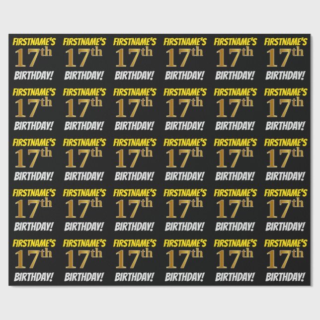 Black, Faux/Imitation Guld, "17:e BIRTHDAY" Presentpapper (Platt)
