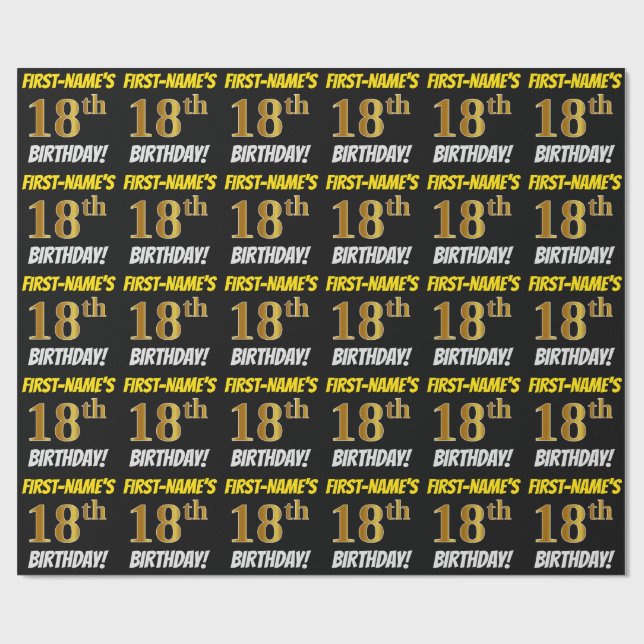 Black, Faux/Imitation Guld, "18:e BIRTHDAY" Presentpapper (Platt)