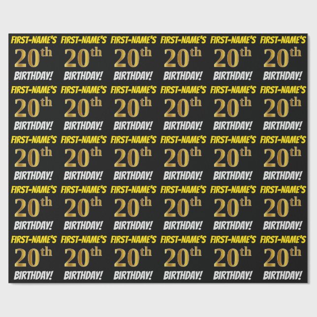 Black, Faux/Imitation Guld, "20:e BIRTHDAY" Presentpapper (Platt)
