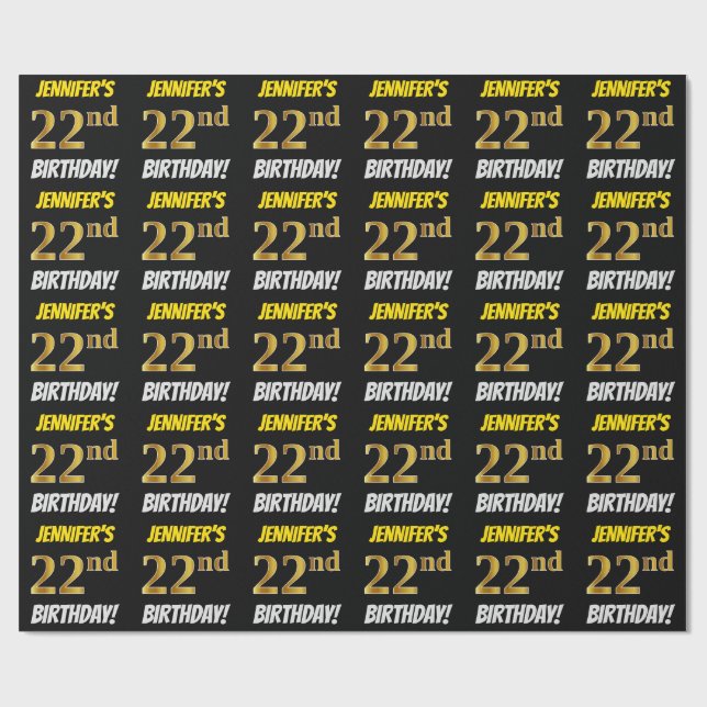 Black, Faux/Imitation Guld, "22:a BIRTHDAY" Presentpapper (Platt)