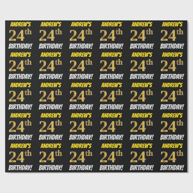 Black, Faux/Imitation Guld, "24:e BIRTHDAY" Presentpapper (Platt)
