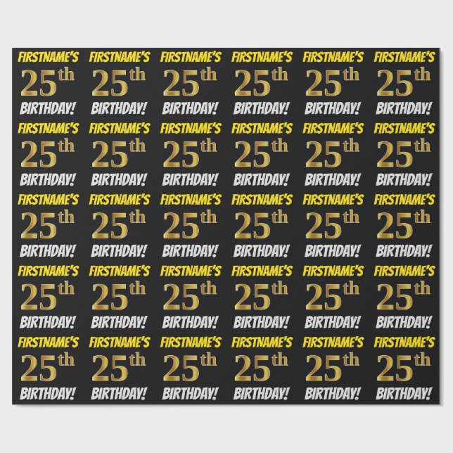 Black, Faux/Imitation Guld, "25:e BIRTHDAY" Presentpapper (Platt)