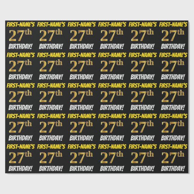 Black, Faux/Imitation Guld, "27:e BIRTHDAY" Presentpapper (Platt)