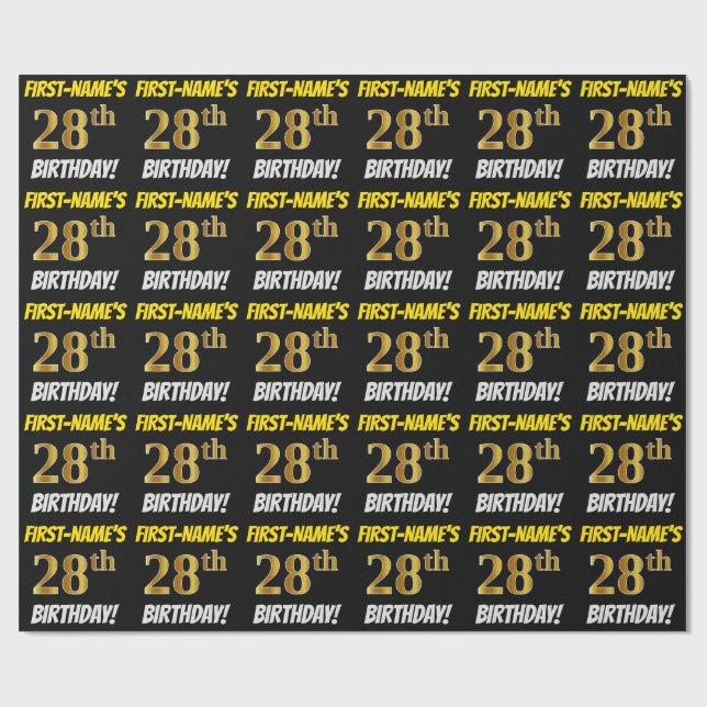 Black, Faux/Imitation Guld, "28:e BIRTHDAY" Presentpapper (Platt)