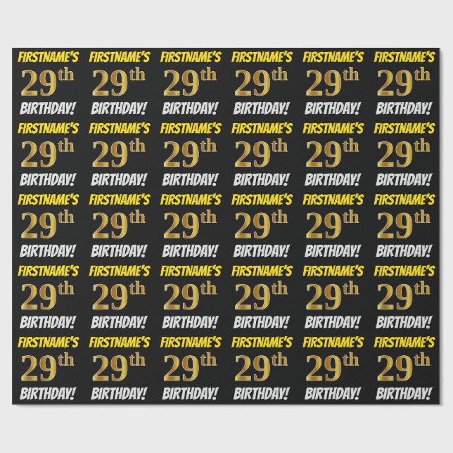 Black, Faux/Imitation Guld, "29:e BIRTHDAY" Presentpapper (Platt)