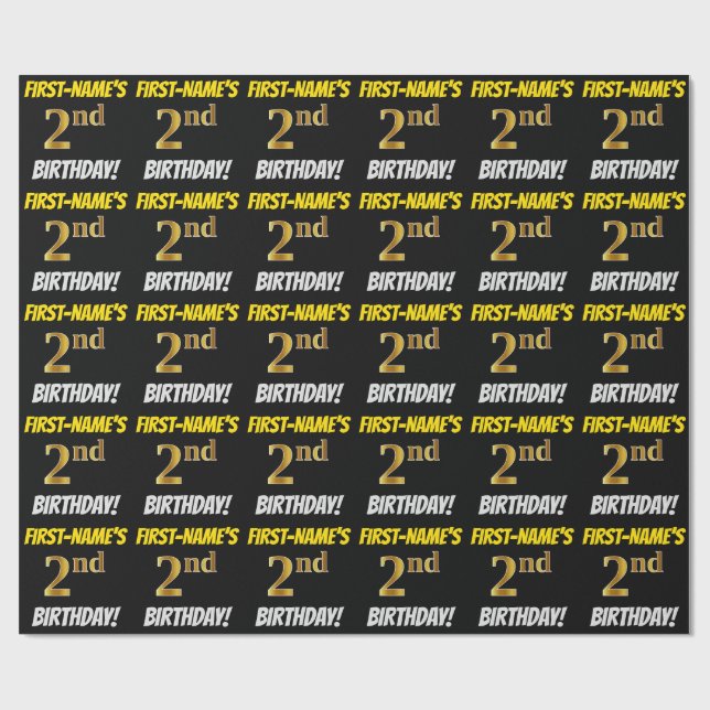 Black, Faux/Imitation Guld, "2nd BIRTHDAY" Presentpapper (Platt)