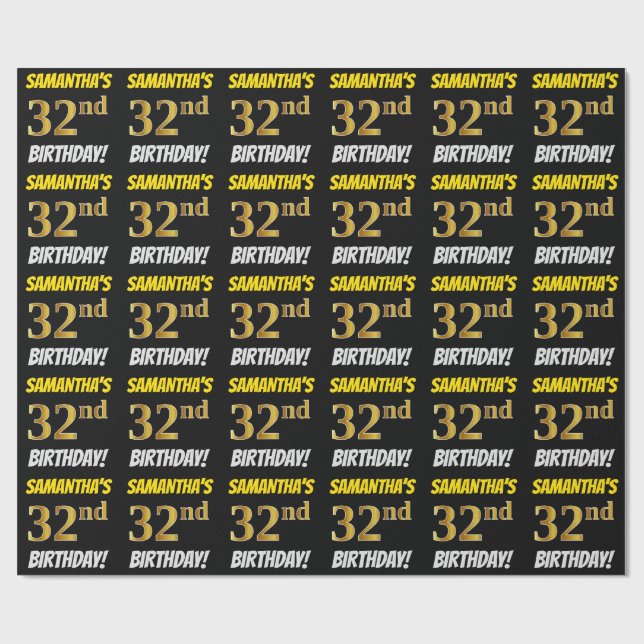 Black, Faux/Imitation Guld, "32:a BIRTHDAY" Presentpapper (Platt)