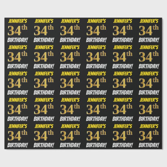 Black, Faux/Imitation Guld, "34:e BIRTHDAY" Presentpapper (Platt)