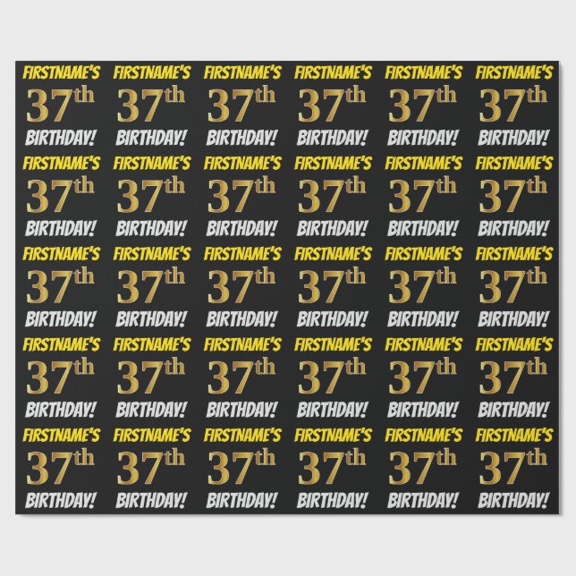 Black, Faux/Imitation Guld, "37:e BIRTHDAY" Presentpapper (Platt)