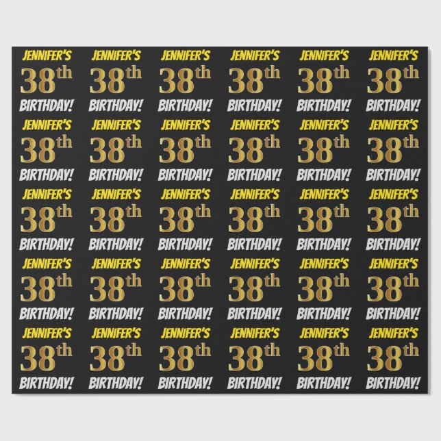 Black, Faux/Imitation Guld, "38:e BIRTHDAY" Presentpapper (Platt)