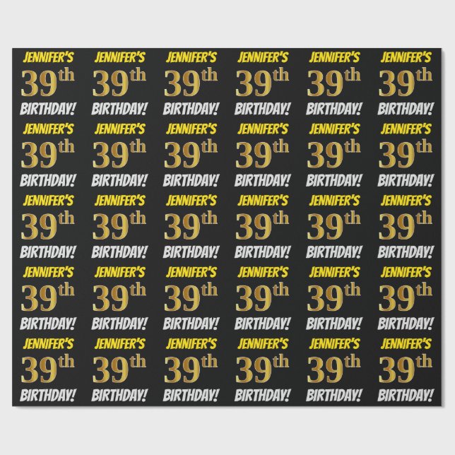 Black, Faux/Imitation Guld, "39:e BIRTHDAY" Presentpapper (Platt)