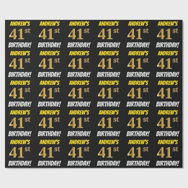 Black, Faux/Imitation Guld, "41:a BIRTHDAY" Presentpapper (Platt)