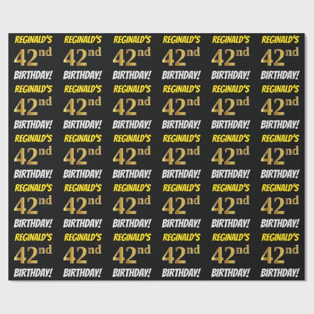 Black, Faux/Imitation Guld, "42:a BIRTHDAY" Presentpapper (Platt)