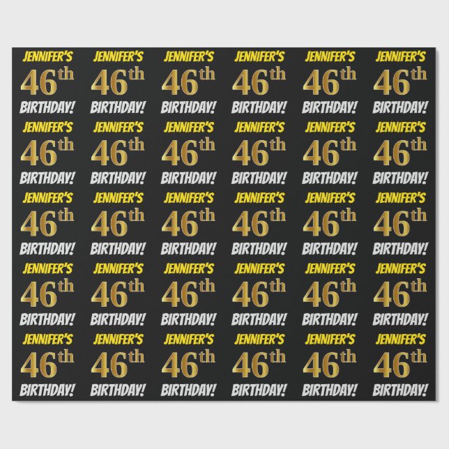 Black, Faux/Imitation Guld, "46:e BIRTHDAY" Presentpapper (Platt)