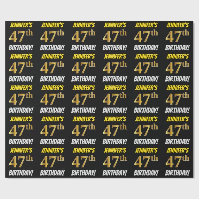 Black, Faux/Imitation Guld, "47:e BIRTHDAY" Presentpapper (Platt)