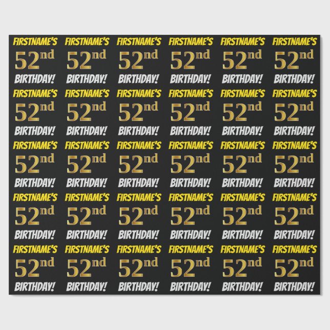 Black, Faux/Imitation Guld, "52:a BIRTHDAY" Presentpapper (Platt)