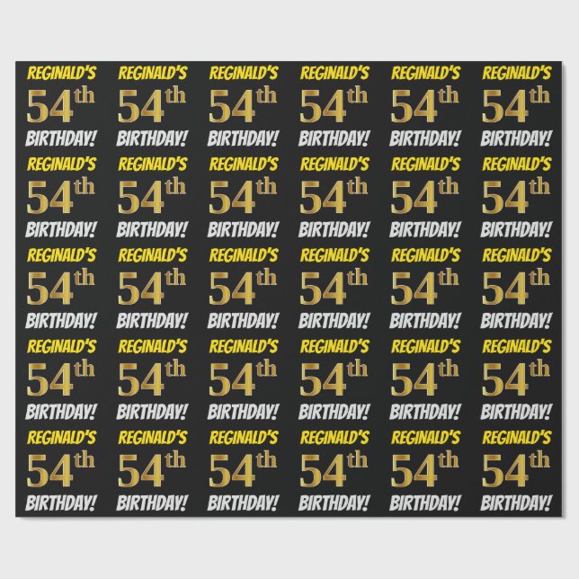 Black, Faux/Imitation Guld, "54:e BIRTHDAY" Presentpapper (Platt)