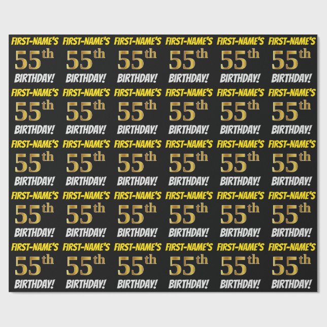 Black, Faux/Imitation Guld, "55:e BIRTHDAY" Presentpapper (Platt)