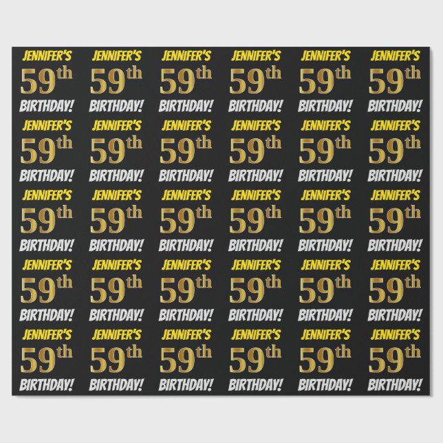 Black, Faux/Imitation Guld, "59:e BIRTHDAY" Presentpapper (Platt)