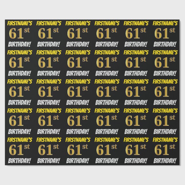 Black, Faux/Imitation Guld, "61:a BIRTHDAY" Presentpapper (Platt)