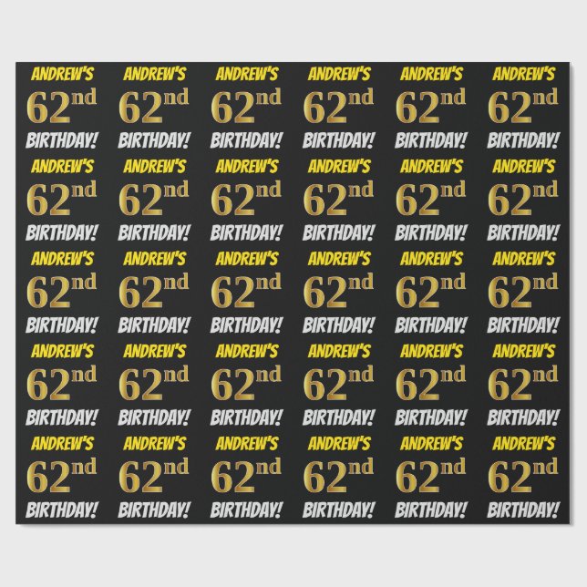 Black, Faux/Imitation Guld, "62:a BIRTHDAY" Presentpapper (Platt)