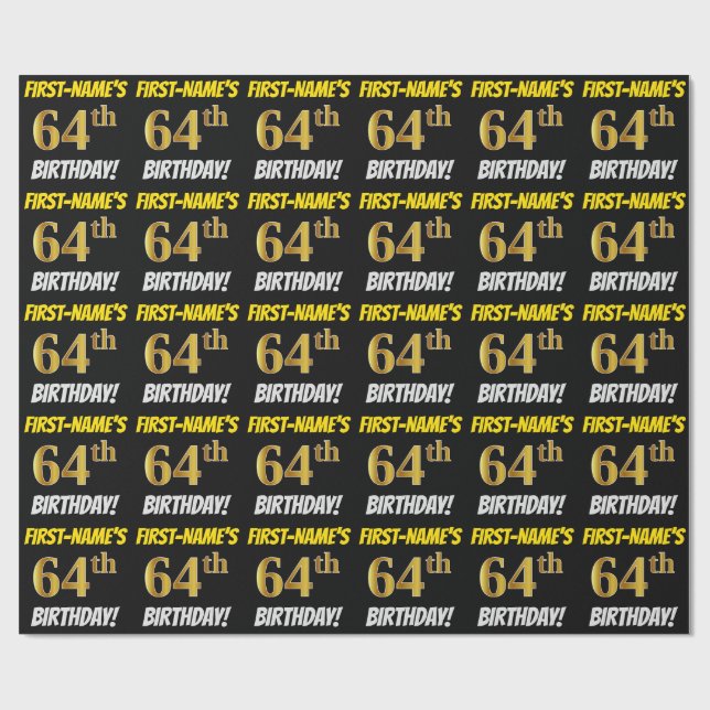 Black, Faux/Imitation Guld, "64:e BIRTHDAY" Presentpapper (Platt)