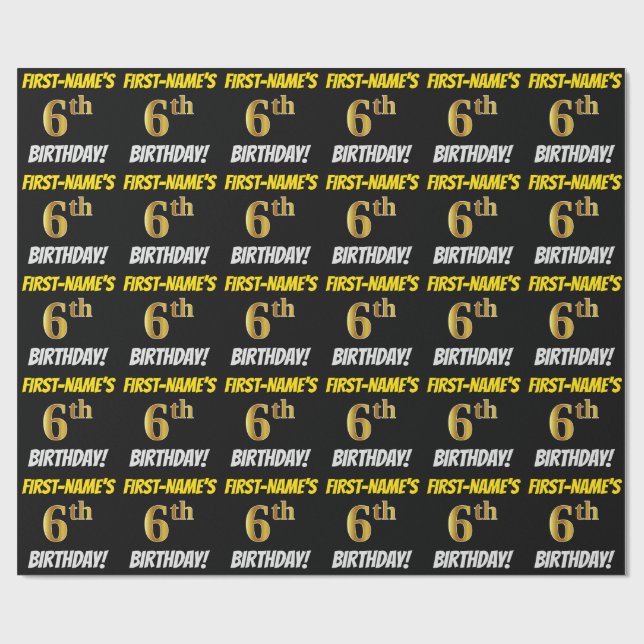 Black, Faux/Imitation Guld, "6e BIRTHDAY" Presentpapper (Platt)