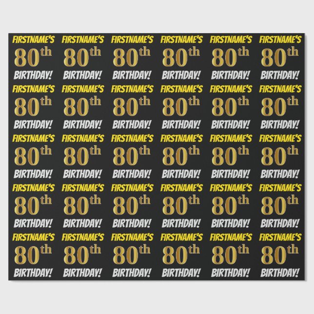 Black, Faux/Imitation Guld, "80 BIRTHDAY" Presentpapper (Platt)