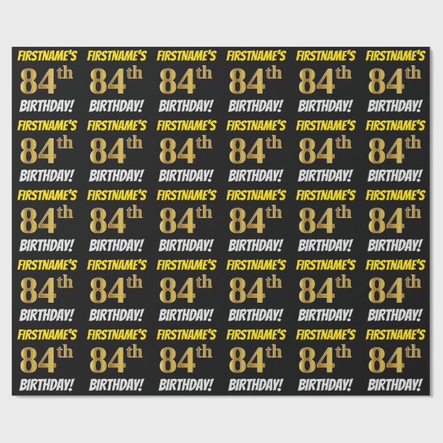 Black, Faux/Imitation Guld, "84:e BIRTHDAY" Presentpapper (Platt)
