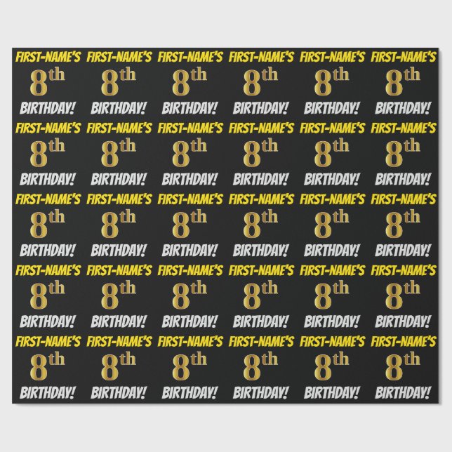 Black, Faux/Imitation Guld, ’8th BIRTHDAY’ Presentpapper (Platt)