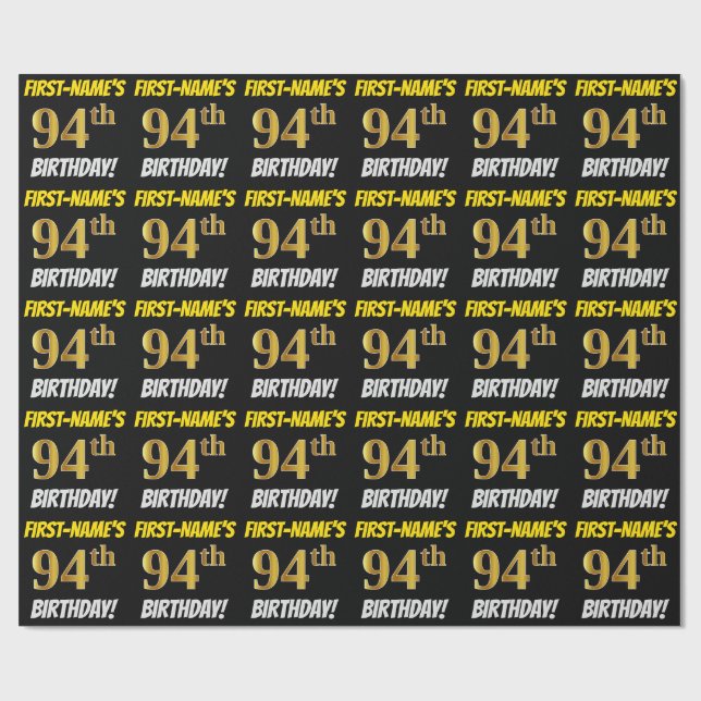 Black, Faux/Imitation Guld, "94:e BIRTHDAY" Presentpapper (Platt)