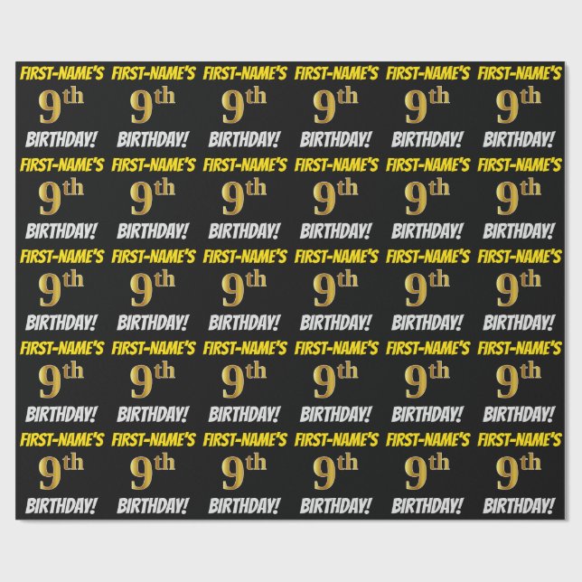 Black, Faux/Imitation Guld, "9th BIRTHDAY" Presentpapper (Platt)