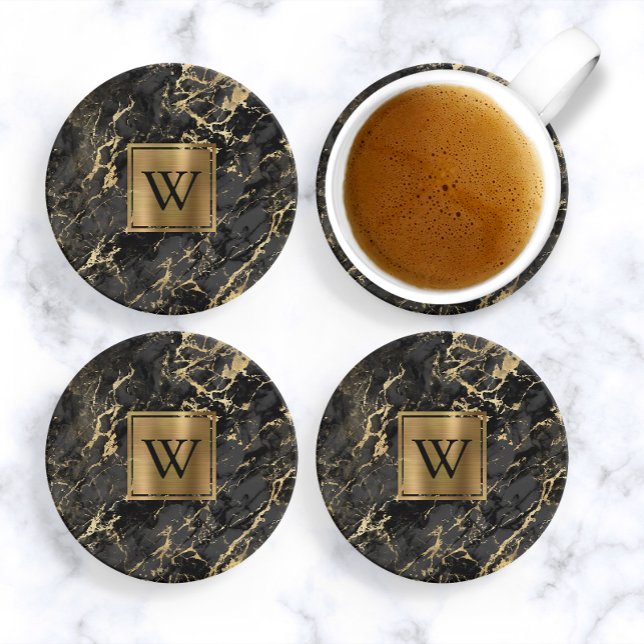 Black Faux Marble Guld Monogram Underlägg (Skapare uppladdad)