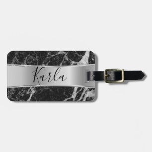 Black Faux Marble & Metallic Silver Bagagebricka