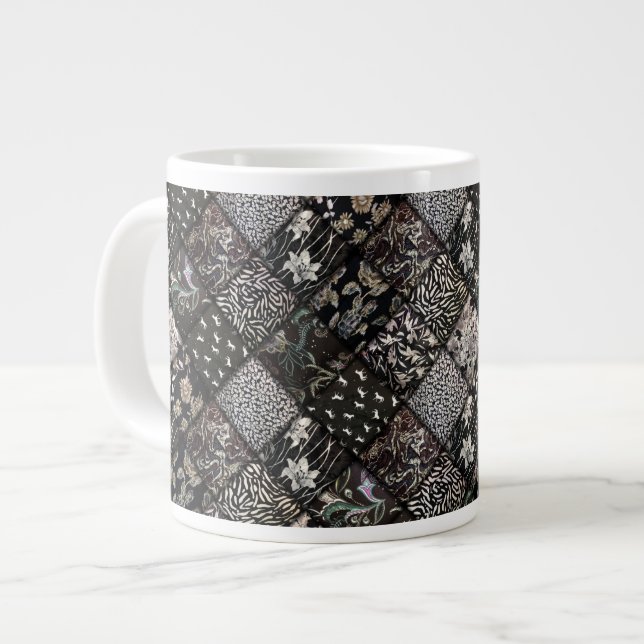 Black Faux Patchwork Quilting Mönster Jumbo Mugg (Framsida vänster)
