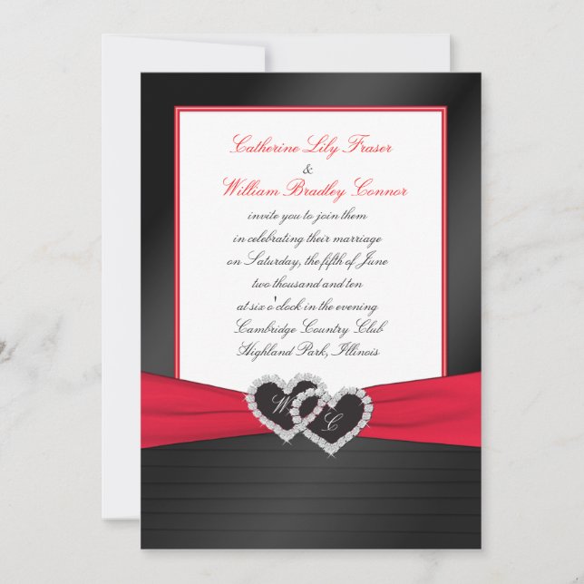 Black FAUX Satin Pleats, Hearts Monogram Inbjudan (Framsida)