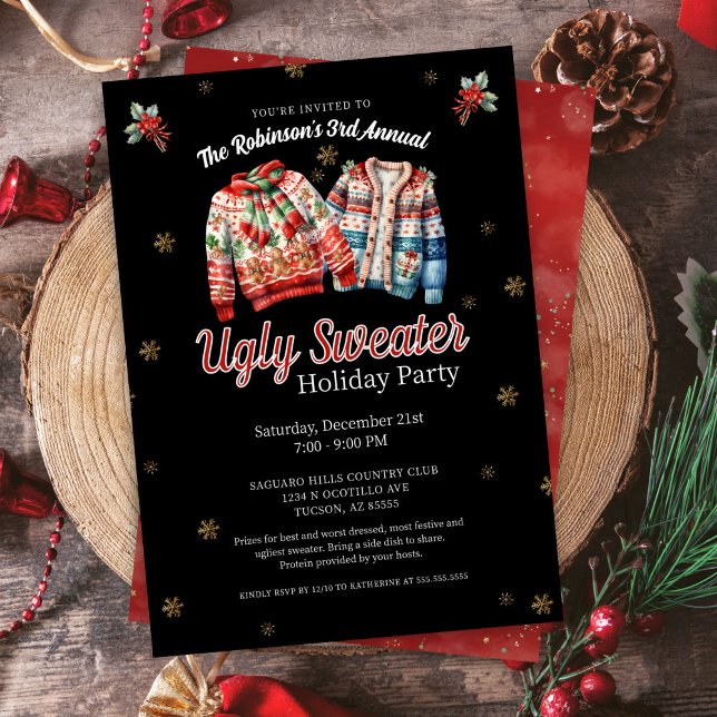 Black Festive Årsdag Ugly God jul Party Inbjudningar (Festive sparkling ugly sweater contest holiday christmas party invitation for work corporate home)